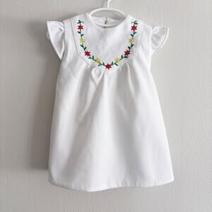 Vintage Baby White Dress Sz 18-24 mo Embroidered Ruffle Sleeves Tie Back 70s 80s